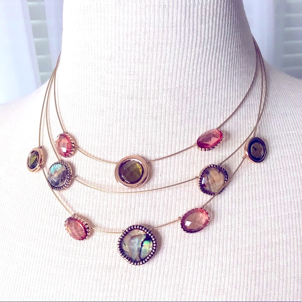 Gold wire 3-strand Vintage faceted gemstone necklace